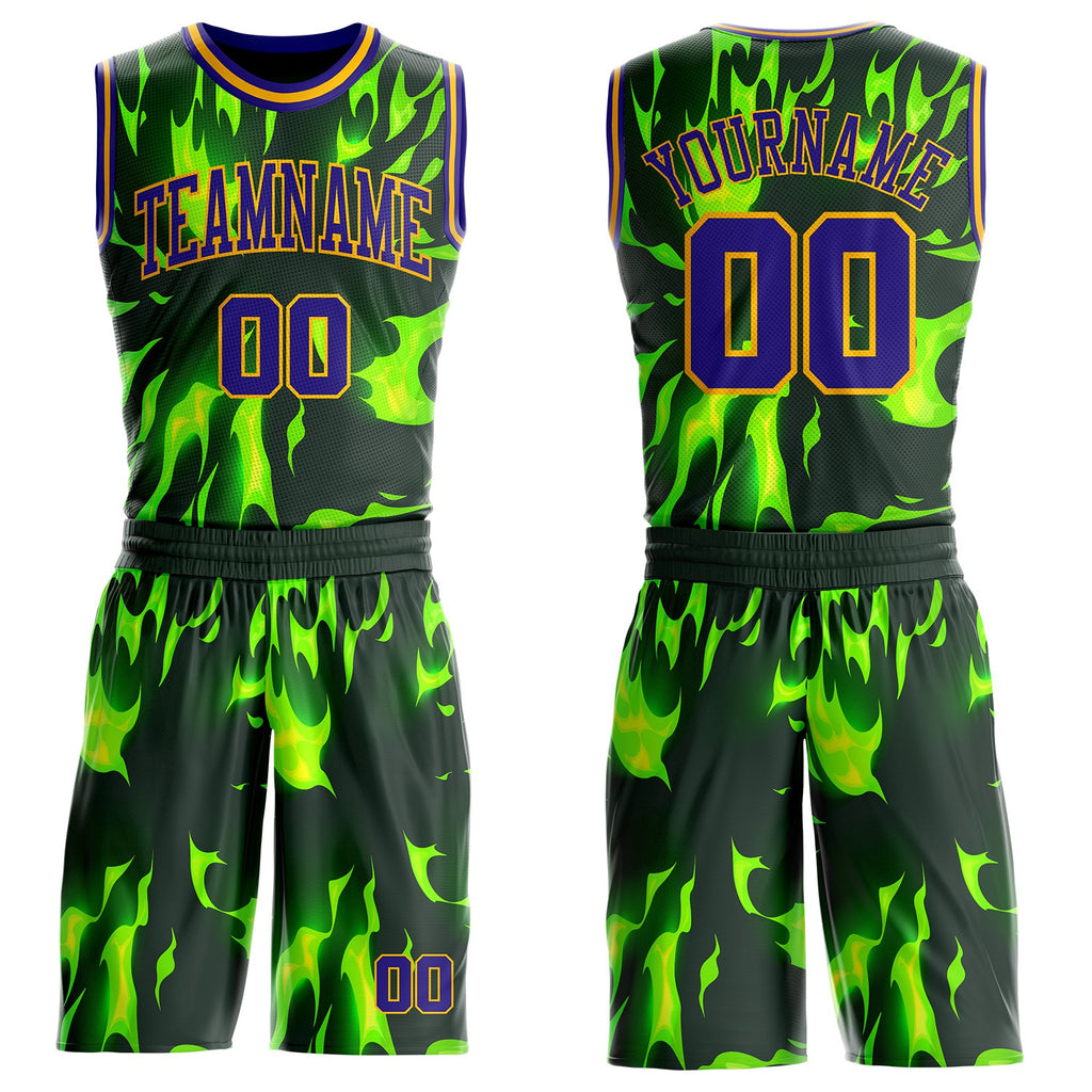 Custom Green Dark Purple-Gold Psychedelic Acid Fluid Round Neck Sublimation Basketball Uniform Jersey