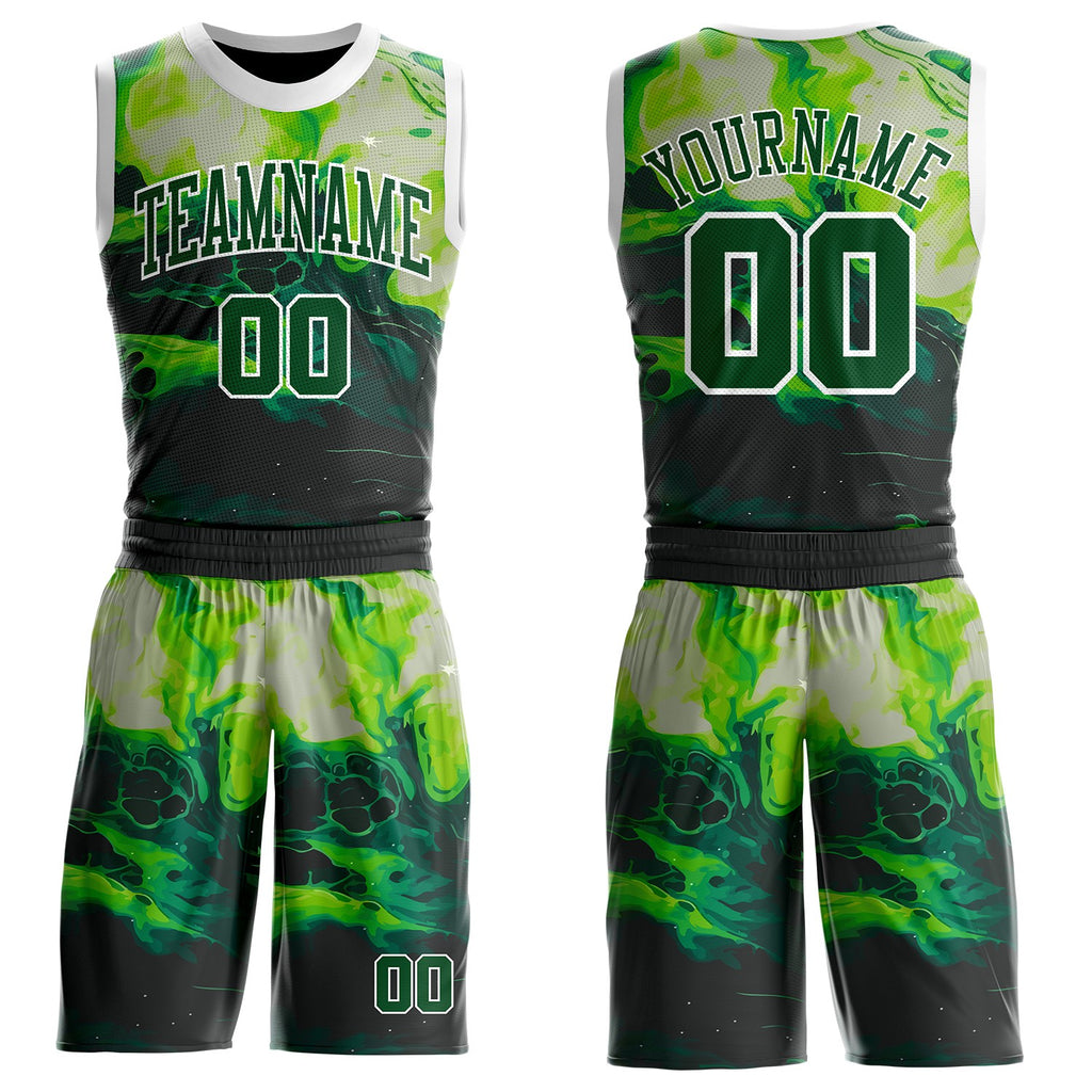 Custom Green Black-White Psychedelic Acid Fluid Round Neck Sublimation Basketball Uniform Jersey