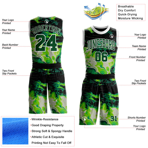 Custom Black Green-White Psychedelic Acid Fluid Round Neck Sublimation Basketball Uniform Jersey