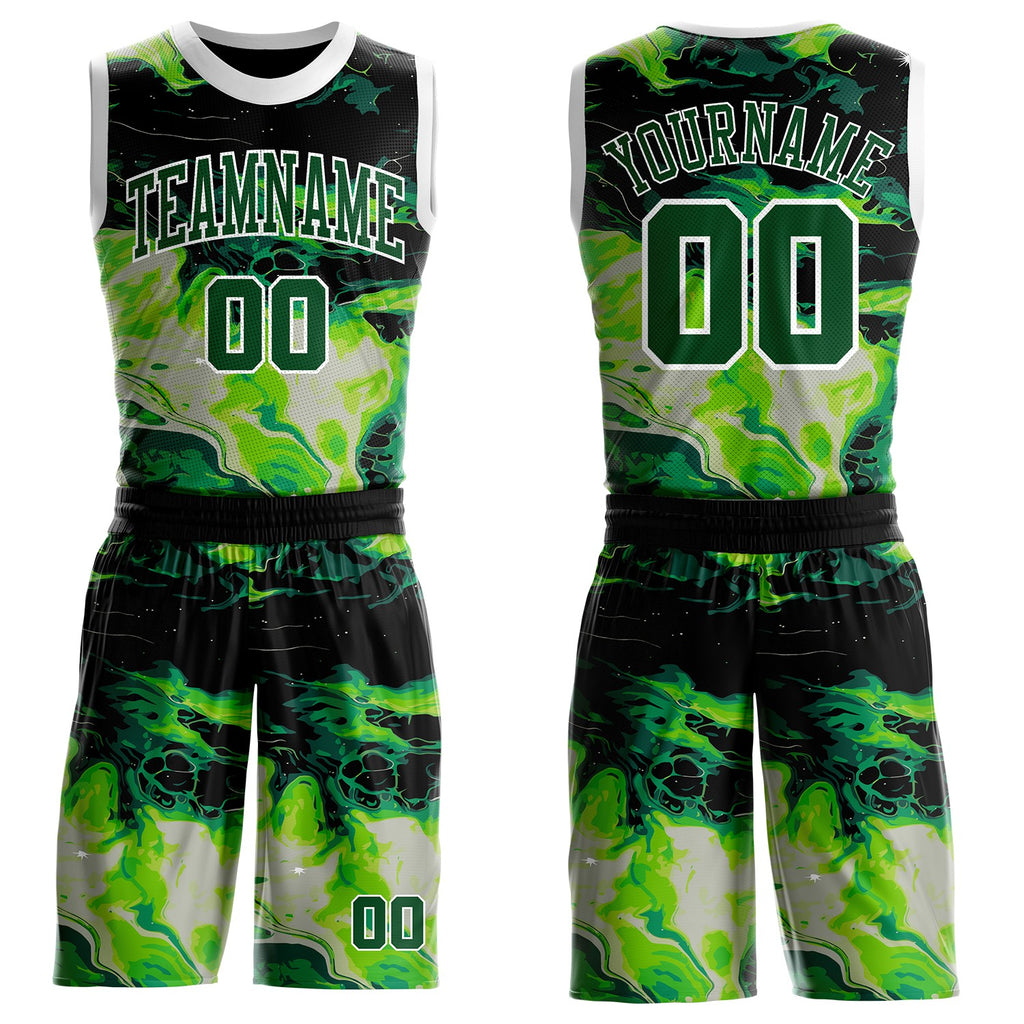 Custom Black Green-White Psychedelic Acid Fluid Round Neck Sublimation Basketball Uniform Jersey