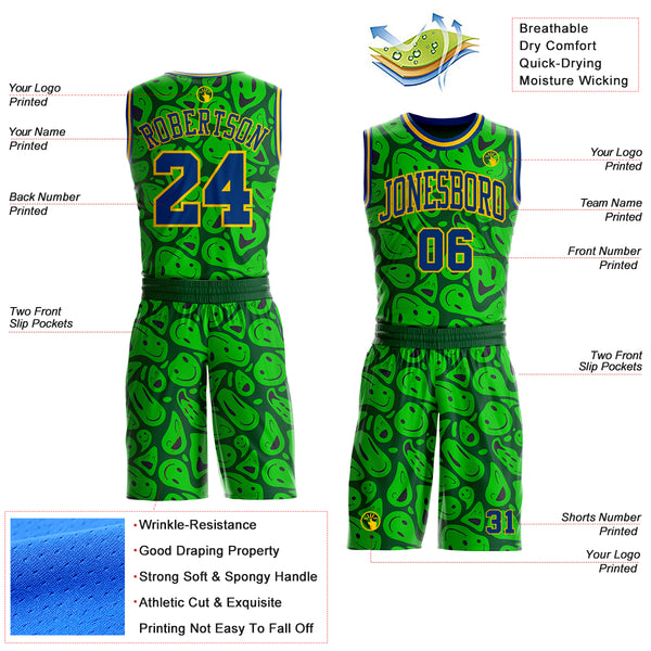 Custom Green US Navy Blue-Yellow Psychedelic Acid Fluid Round Neck Sublimation Basketball Uniform Jersey