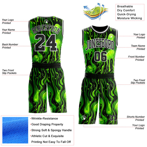 Custom Green Black-White Psychedelic Acid Fluid Round Neck Sublimation Basketball Uniform Jersey