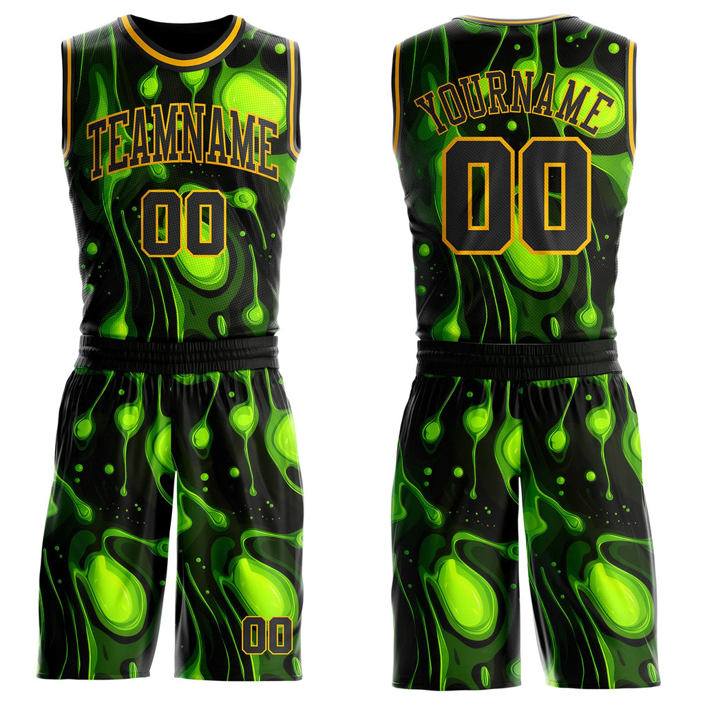 Custom Black Green-Gold Psychedelic Acid Fluid Round Neck Sublimation Basketball Uniform Jersey