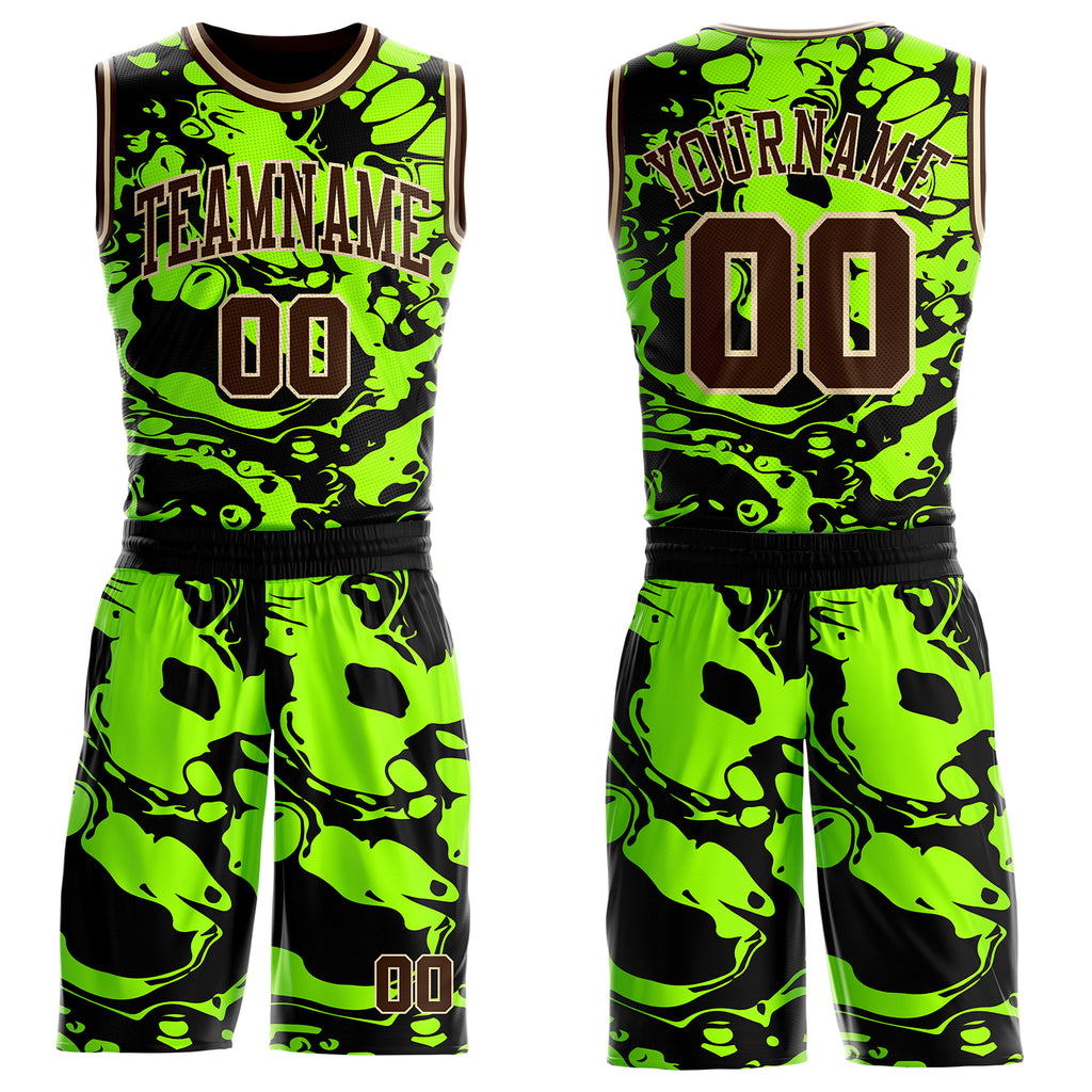Custom Green Brown-Cream Psychedelic Acid Fluid Round Neck Sublimation Basketball Uniform Jersey