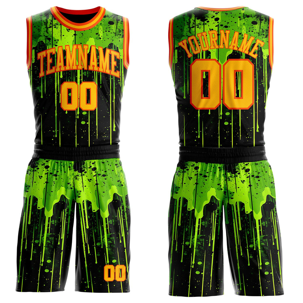 Custom Black Gold Green-Orange Psychedelic Acid Fluid Round Neck Sublimation Basketball Uniform Jersey