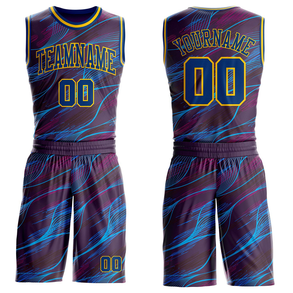 Custom Purple US Navy Blue-Yellow Abstract Swirl Lines Round Neck Sublimation Basketball Uniform Jersey