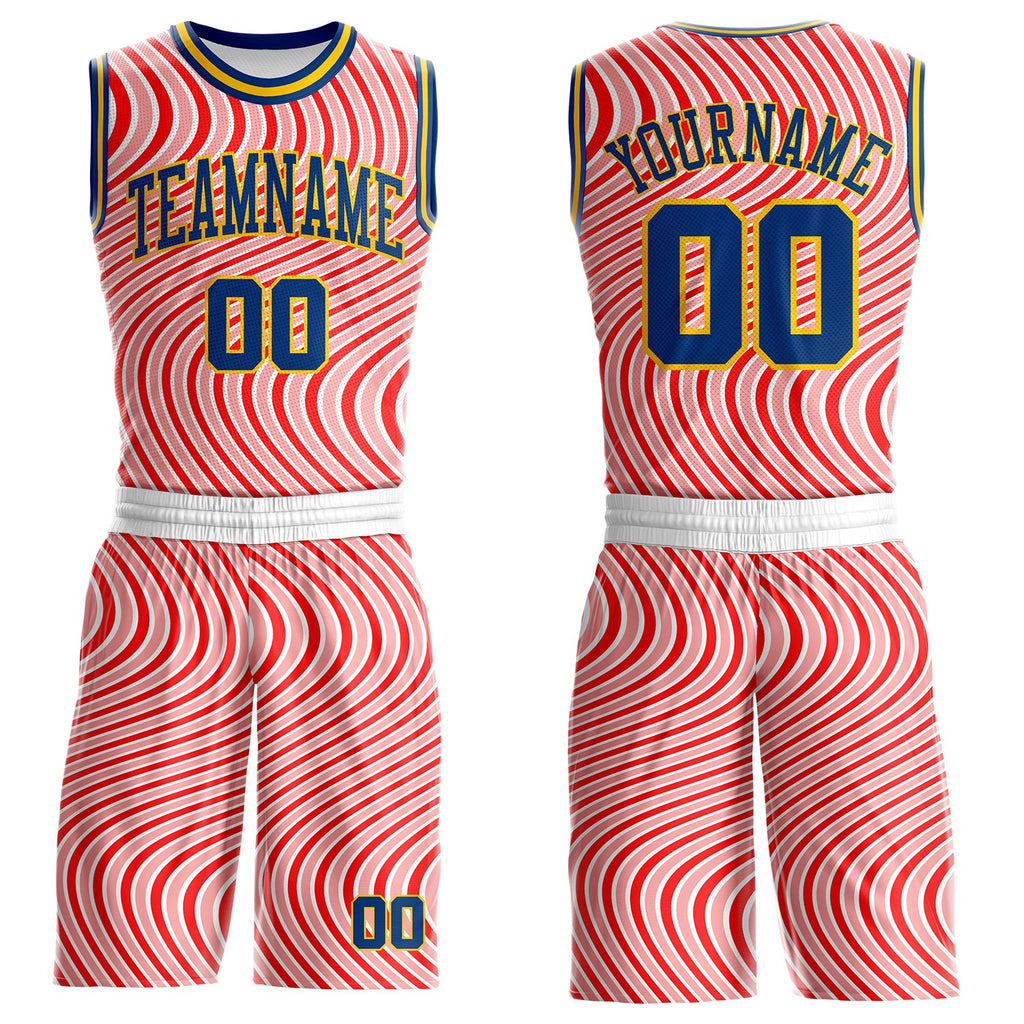 Custom Pink US Navy Blue-Yellow Abstract Wave Round Neck Sublimation Basketball Uniform Jersey