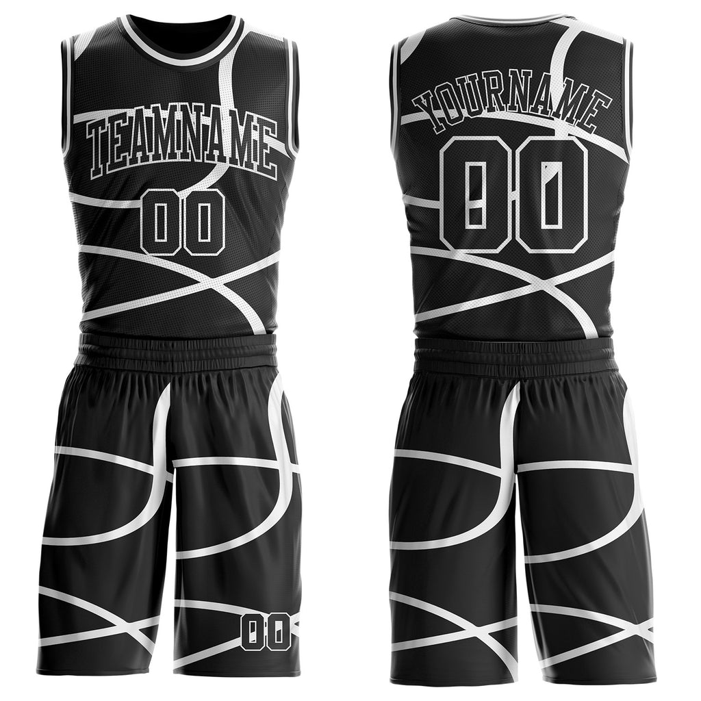 Custom Black-White Abstract Curved Lines Round Neck Sublimation Basketball Uniform Jersey