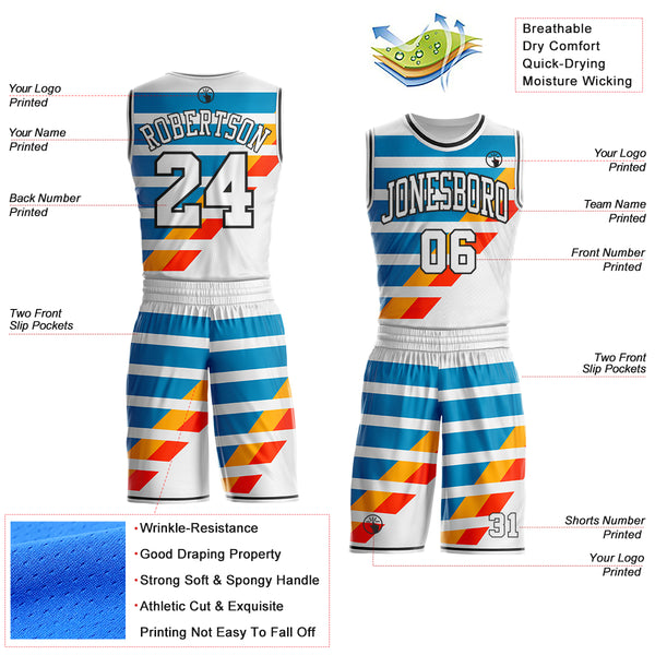 Custom White Blue Red Yellow-Black Abstract Stripe Round Neck Sublimation Basketball Uniform Jersey