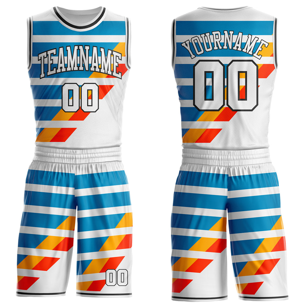 Custom White Blue Red Yellow-Black Abstract Stripe Round Neck Sublimation Basketball Uniform Jersey