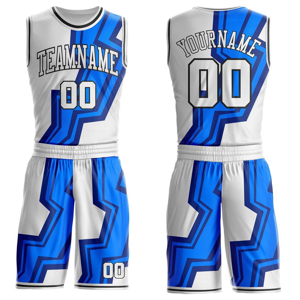 Custom White Blue-Black Abstract Geometric Zigzag Round Neck Sublimation Basketball Uniform Jersey