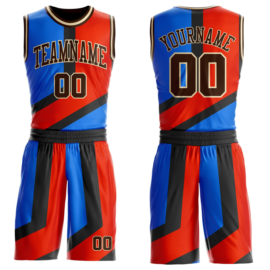 Custom Red Brown Blue Black-Cream Abstract Diagonal Stripes Round Neck Sublimation Basketball Uniform Jersey