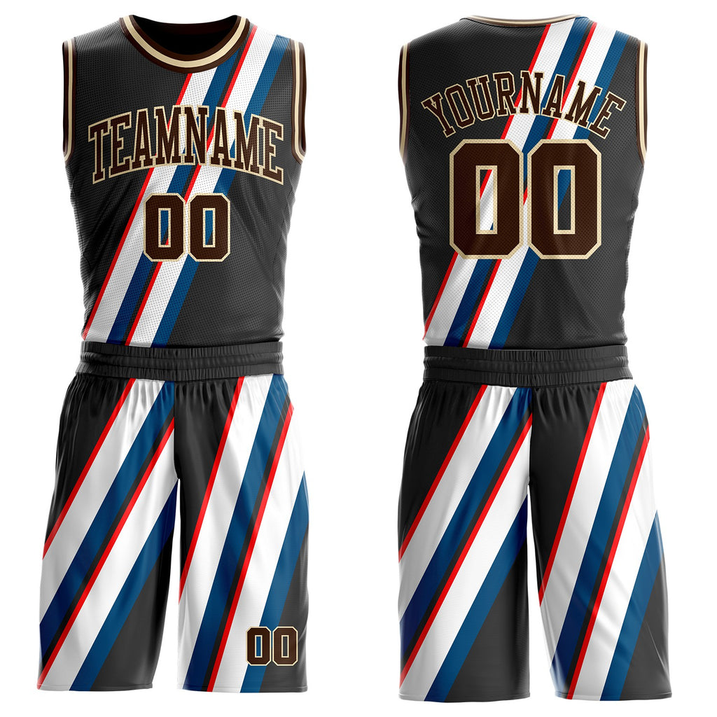 Custom Black Brown Blue Red-Cream Abstract Stripes Round Neck Sublimation Basketball Uniform Jersey