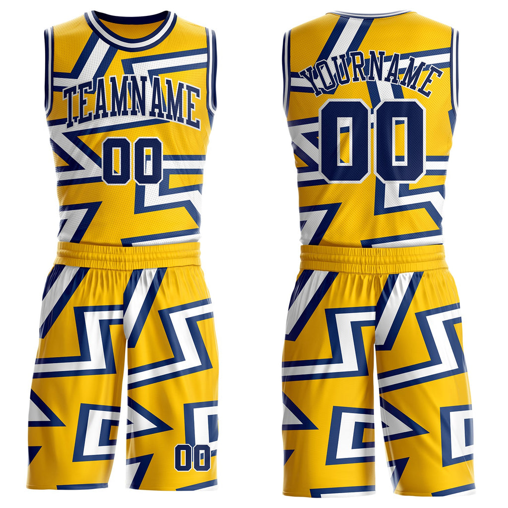 Custom Yellow Navy-White Abstract Geometric Zigzag Round Neck Sublimation Basketball Uniform Jersey