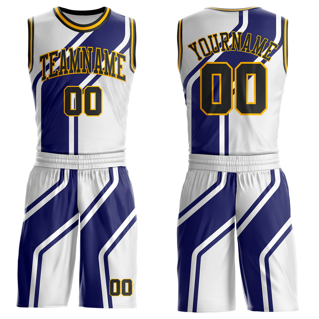 Custom White Black Blue-Gold Abstract Geometric Zigzag Round Neck Sublimation Basketball Uniform Jersey