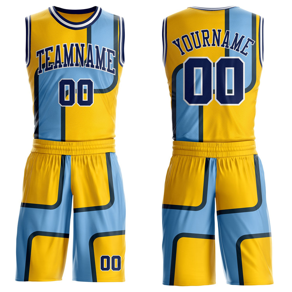 Custom Yellow Navy Blue-White Abstract Geometric Zigzag Round Neck Sublimation Basketball Uniform Jersey