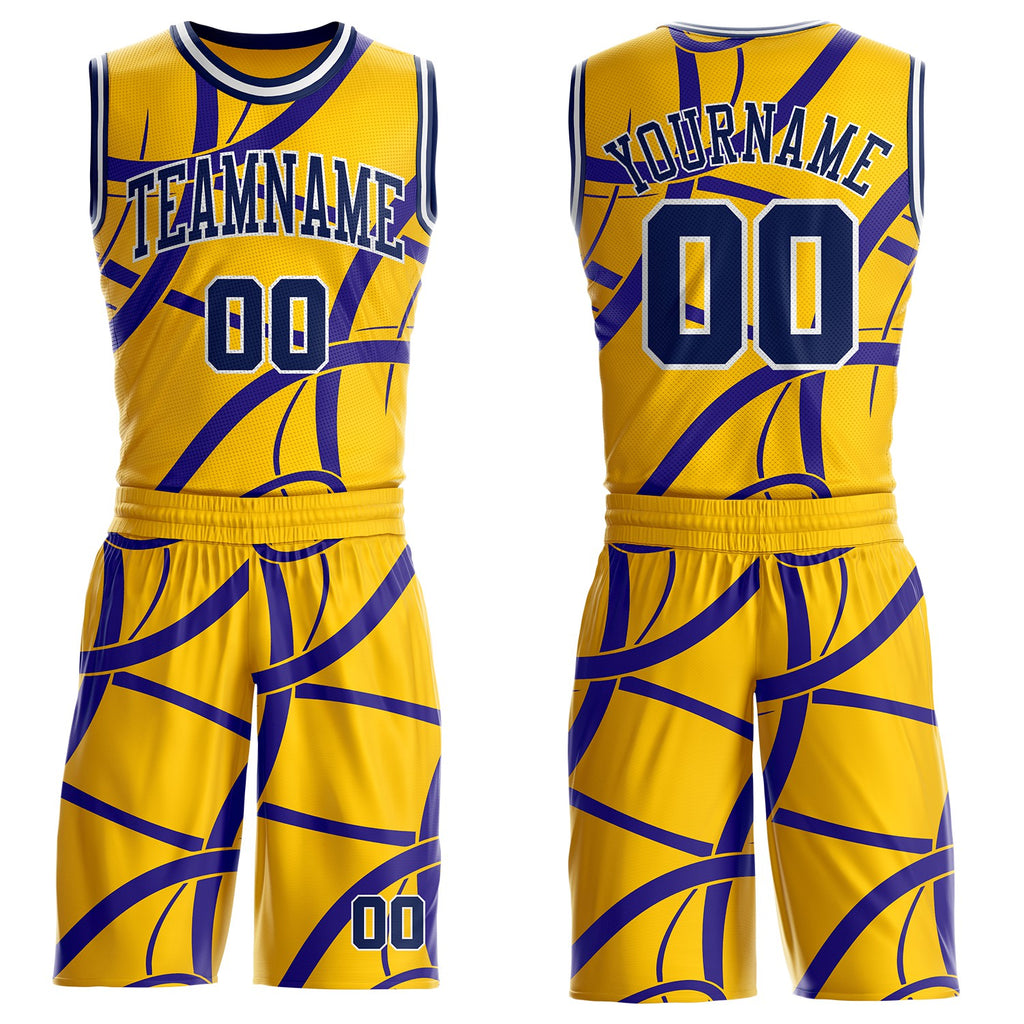 Custom Yellow Navy Purple-White Abstract Curved Lines Round Neck Sublimation Basketball Uniform Jersey