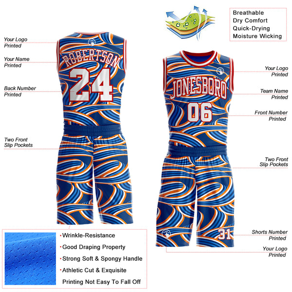 Custom Blue White Orange-Red Abstract Swirl Lines Round Neck Sublimation Basketball Uniform Jersey