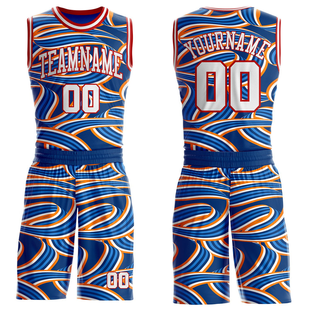 Custom Blue White Orange-Red Abstract Swirl Lines Round Neck Sublimation Basketball Uniform Jersey