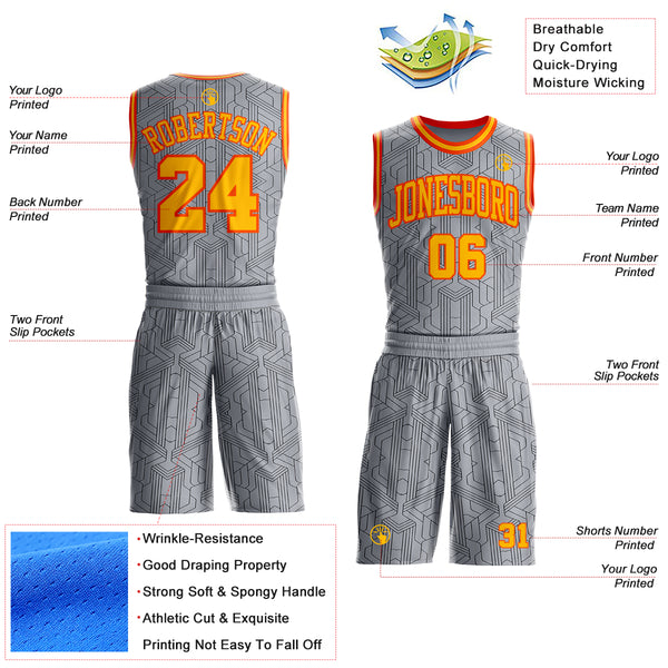 Custom Gray Gold Black-Orange Abstract Tech Geometric Lines Round Neck Sublimation Basketball Uniform Jersey