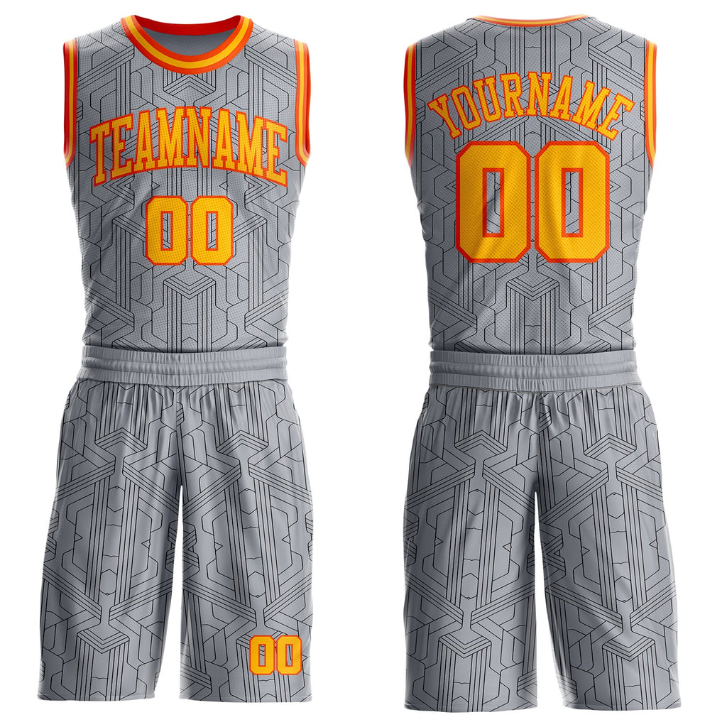 Custom Gray Gold Black-Orange Abstract Tech Geometric Lines Round Neck Sublimation Basketball Uniform Jersey