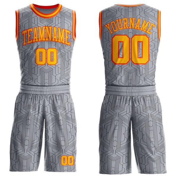 Custom Gray Gold Black-Orange Abstract Tech Geometric Lines Round Neck Sublimation Basketball Uniform Jersey