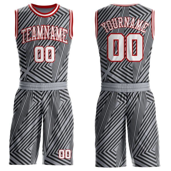 Custom Gray White Black-Red Geometric Lines Round Neck Sublimation Basketball Uniform Jersey