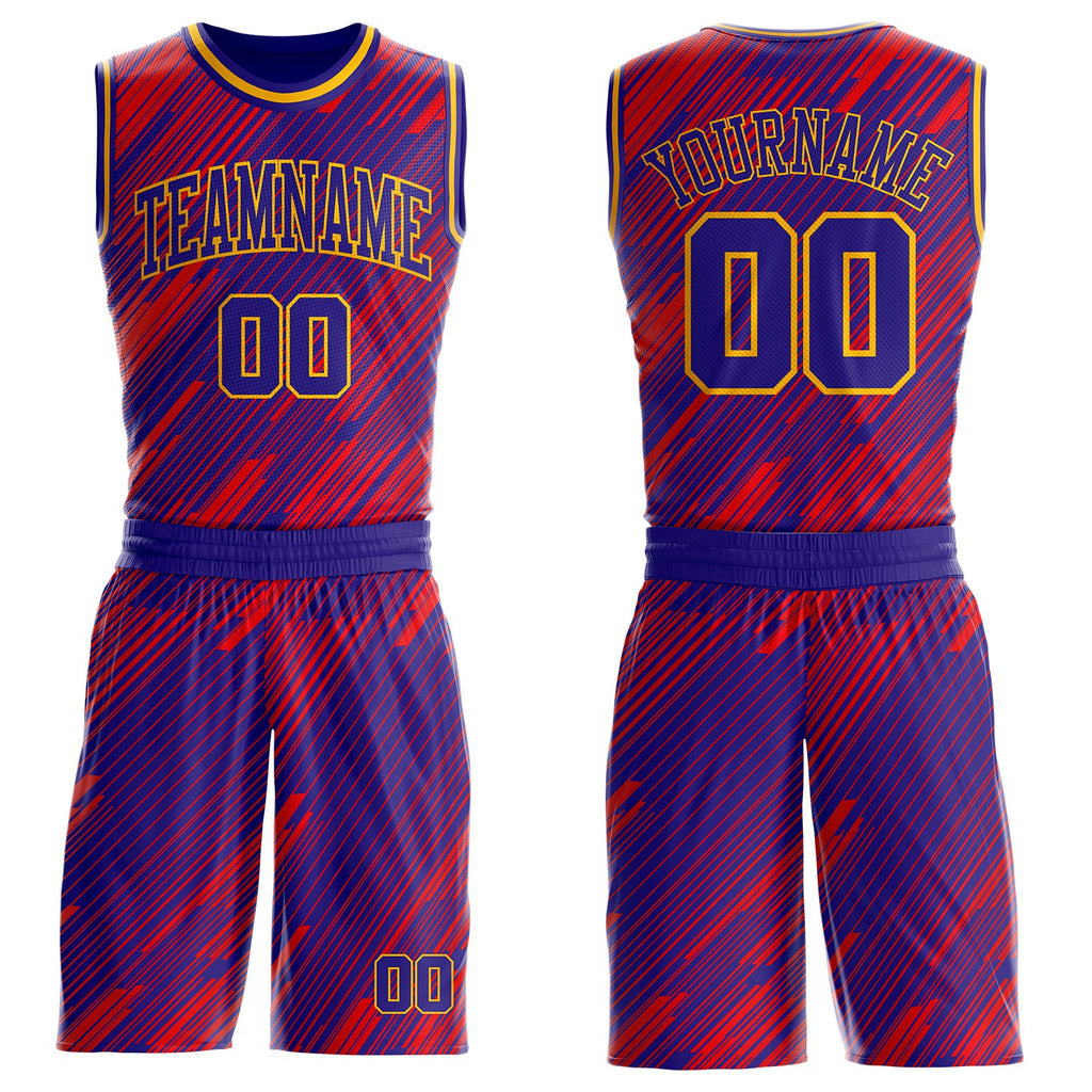 Custom Dark Purple Red-Gold Abstract Stripes Round Neck Sublimation Basketball Uniform Jersey