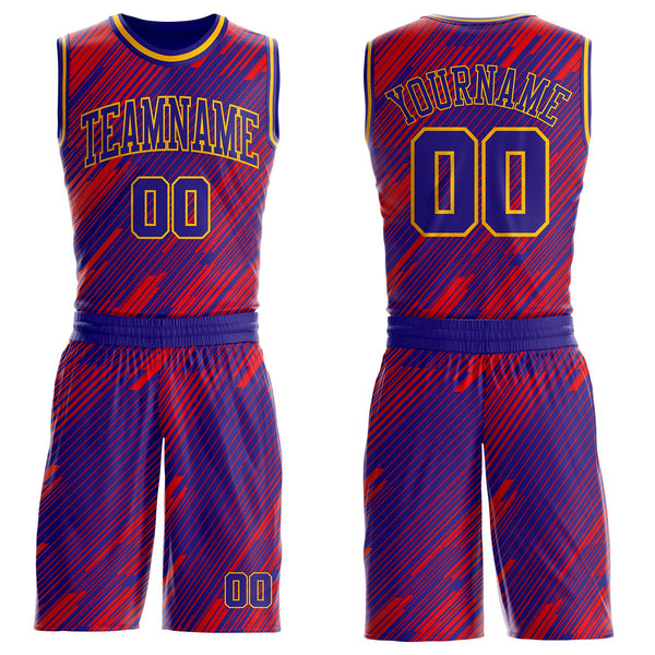 Custom Dark Purple Red-Gold Abstract Stripes Round Neck Sublimation Basketball Uniform Jersey
