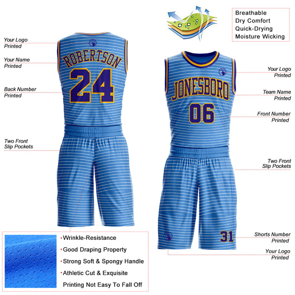 Custom Blue Dark Purple-Gold Abstract Stripes Round Neck Sublimation Basketball Uniform Jersey