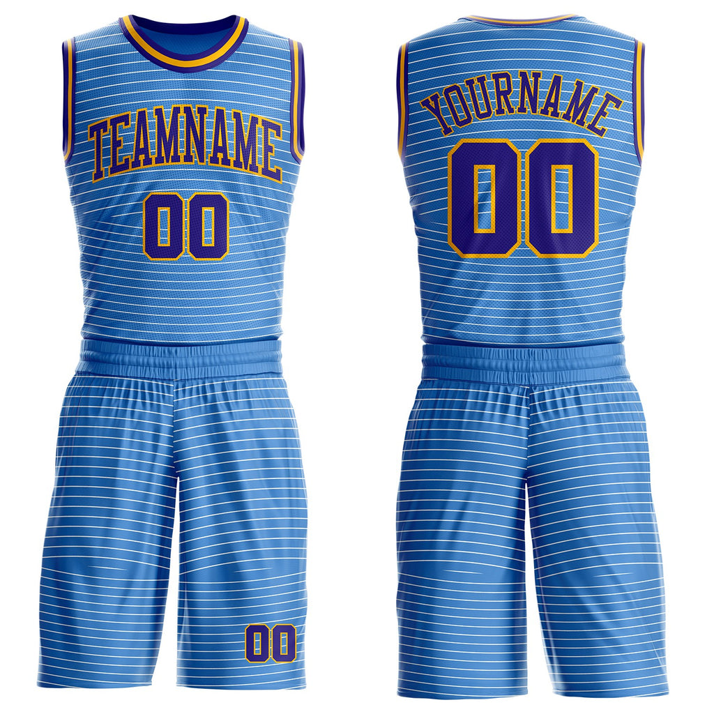 Custom Blue Dark Purple-Gold Abstract Stripes Round Neck Sublimation Basketball Uniform Jersey