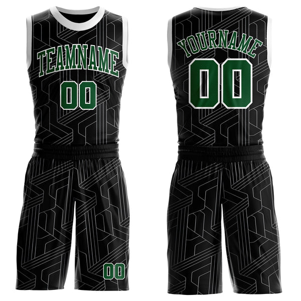 Custom Black Green-White Abstract Tech Geometric Lines Round Neck Sublimation Basketball Uniform Jersey