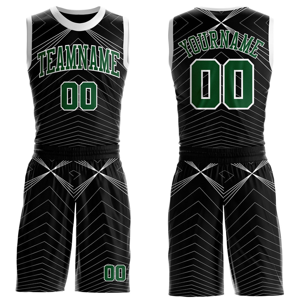 Custom Black Green-White Abstract Tech Geometric Lines Round Neck Sublimation Basketball Uniform Jersey