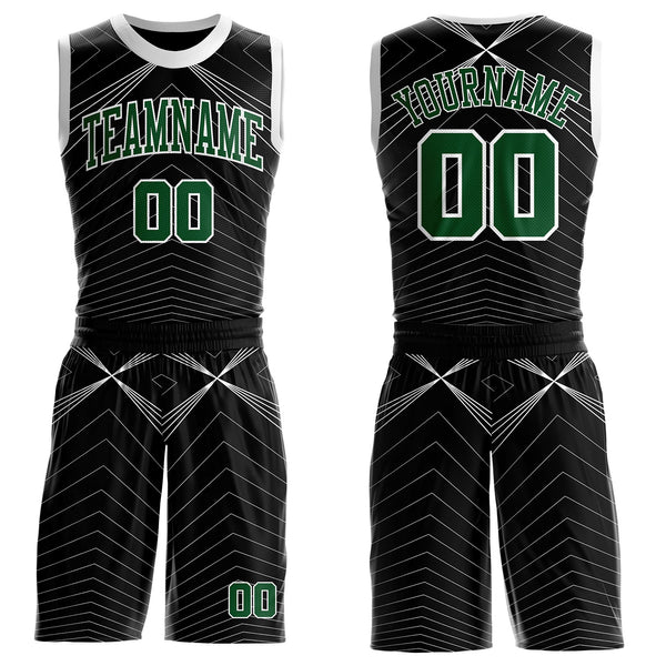Custom Black Green-White Abstract Tech Geometric Lines Round Neck Sublimation Basketball Uniform Jersey