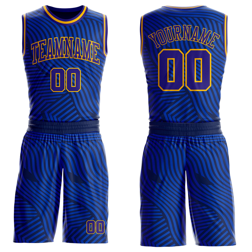Custom Blue Dark Purple Navy-Gold Abstract Wave Round Neck Sublimation Basketball Uniform Jersey