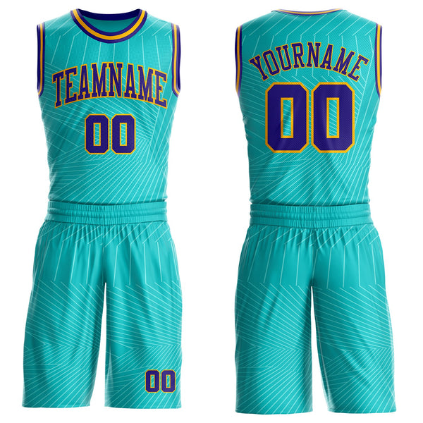 Custom Green Dark Purple-Gold Abstract Tech Geometric Lines Round Neck Sublimation Basketball Uniform Jersey