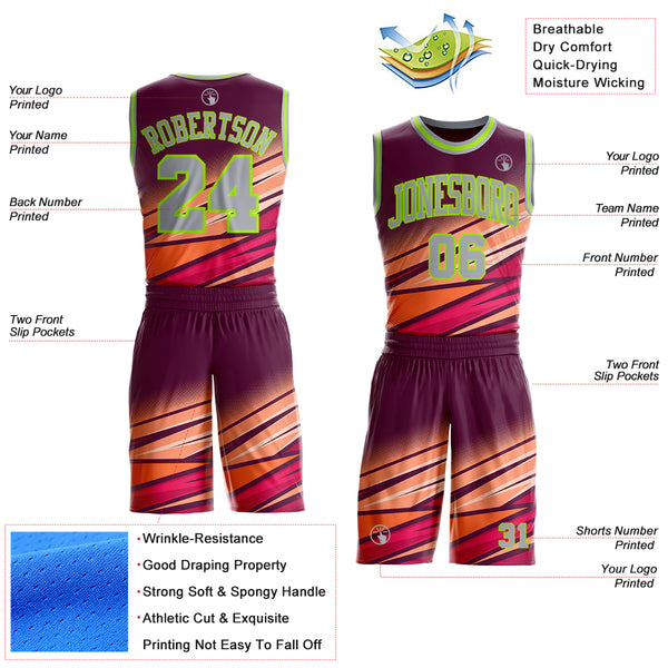 Custom Purple Gray Orange Red-Neon Green Abstract Gradient Lines Round Neck Sublimation Basketball Uniform Jersey