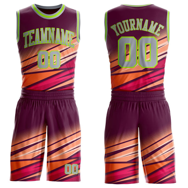 Custom Purple Gray Orange Red-Neon Green Abstract Gradient Lines Round Neck Sublimation Basketball Uniform Jersey