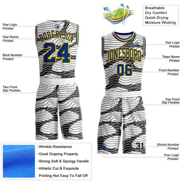 Custom White US Navy Blue Black-Yellow Abstract Wave Round Neck Sublimation Basketball Uniform Jersey