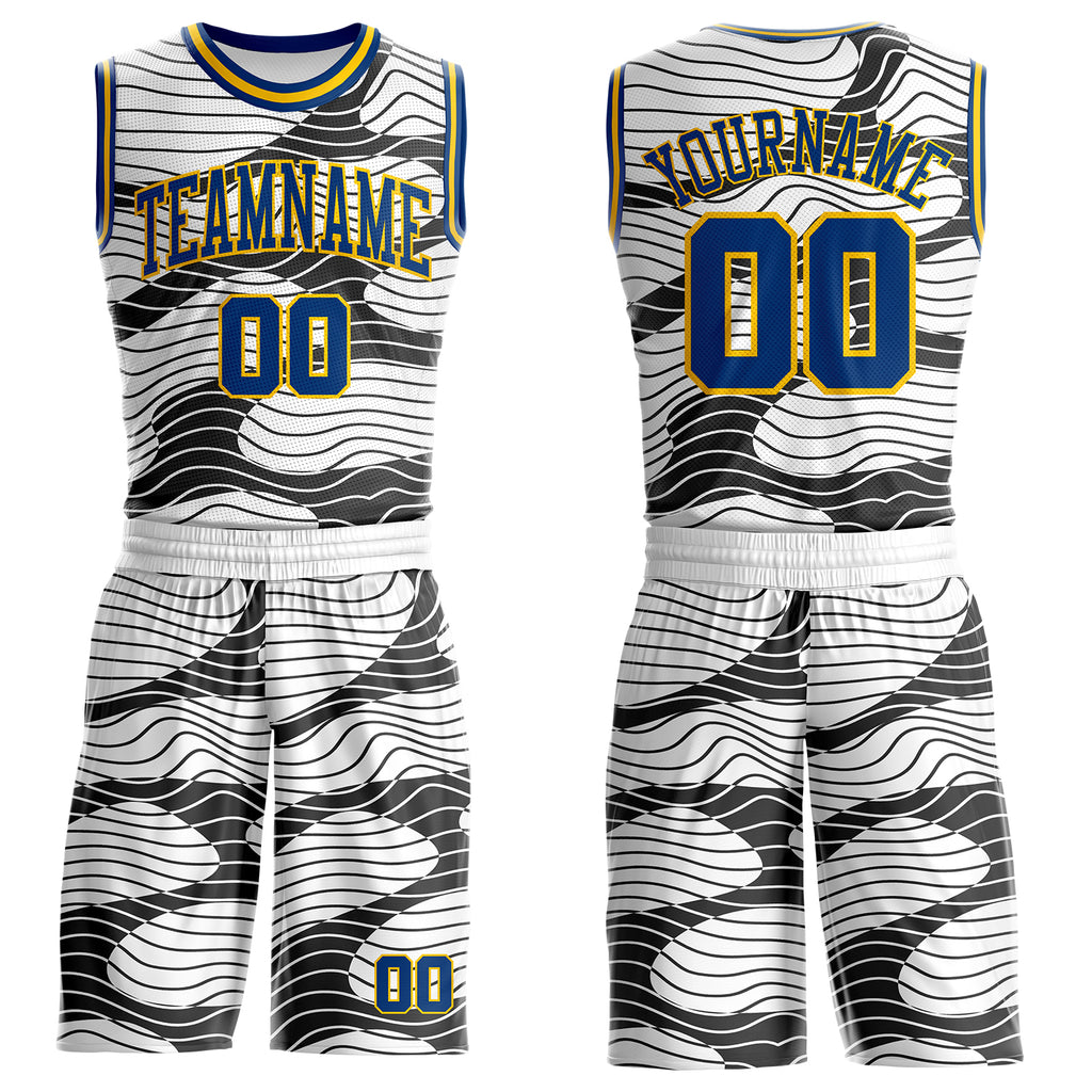 Custom White US Navy Blue Black-Yellow Abstract Wave Round Neck Sublimation Basketball Uniform Jersey