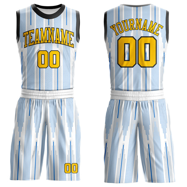 Custom White Yellow Blue-Black Gradient Vertical Stripes Round Neck Sublimation Basketball Uniform Jersey