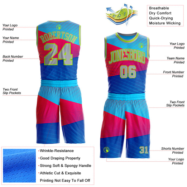 Custom Blue Gray Red-Neon Green Abstract Stripes Round Neck Sublimation Basketball Uniform Jersey