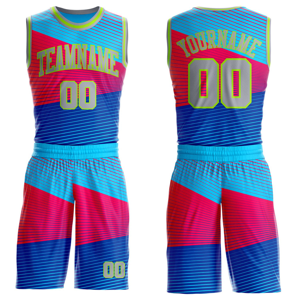 Custom Blue Gray Red-Neon Green Abstract Stripes Round Neck Sublimation Basketball Uniform Jersey