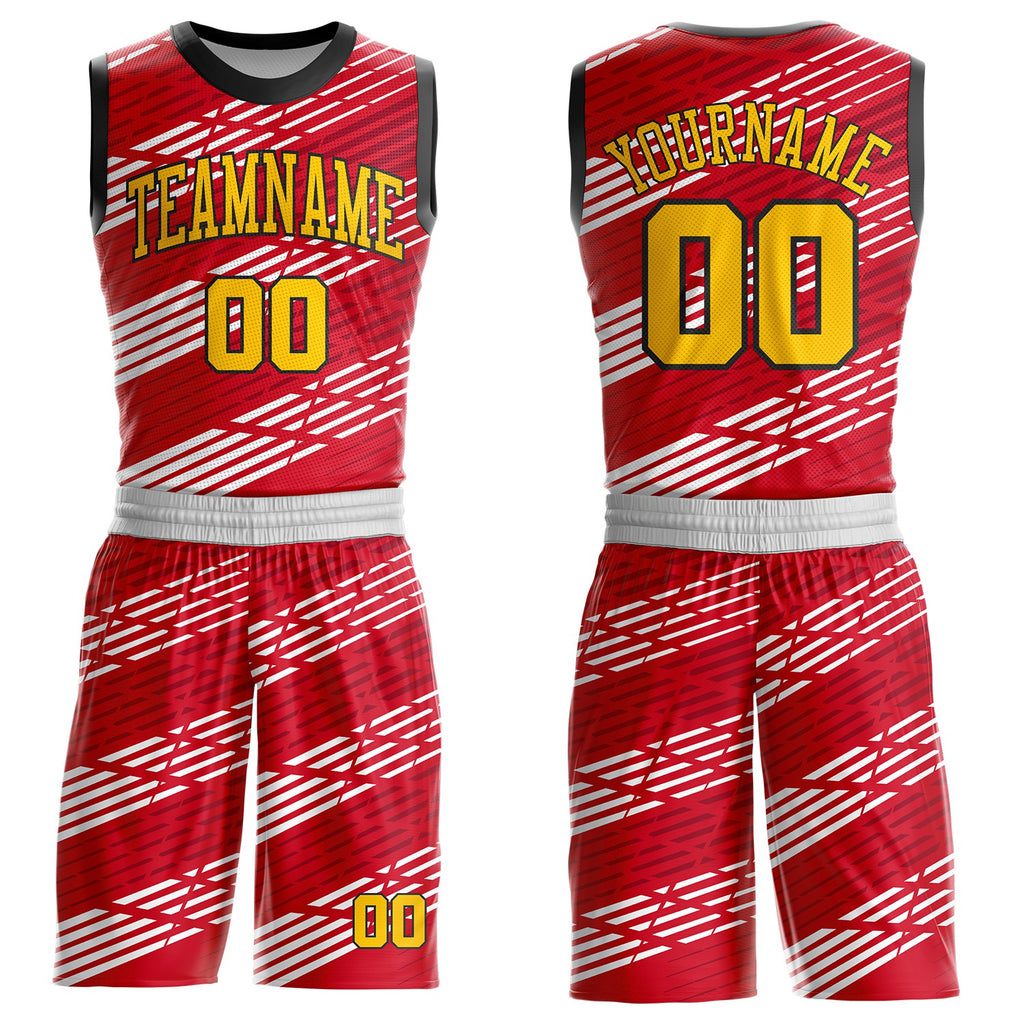 Custom Red Yellow White-Black Abstract Diagonal Stripes Round Neck Sublimation Basketball Uniform Jersey