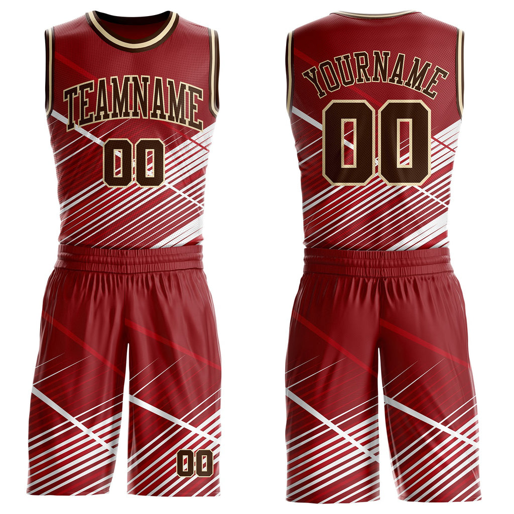 Custom Red Brown White-Cream Abstract Geometric Lines Round Neck Sublimation Basketball Uniform Jersey