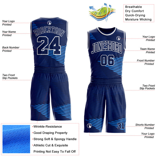 Custom Navy Blue-White Abstract Geometric Lines Round Neck Sublimation Basketball Uniform Jersey