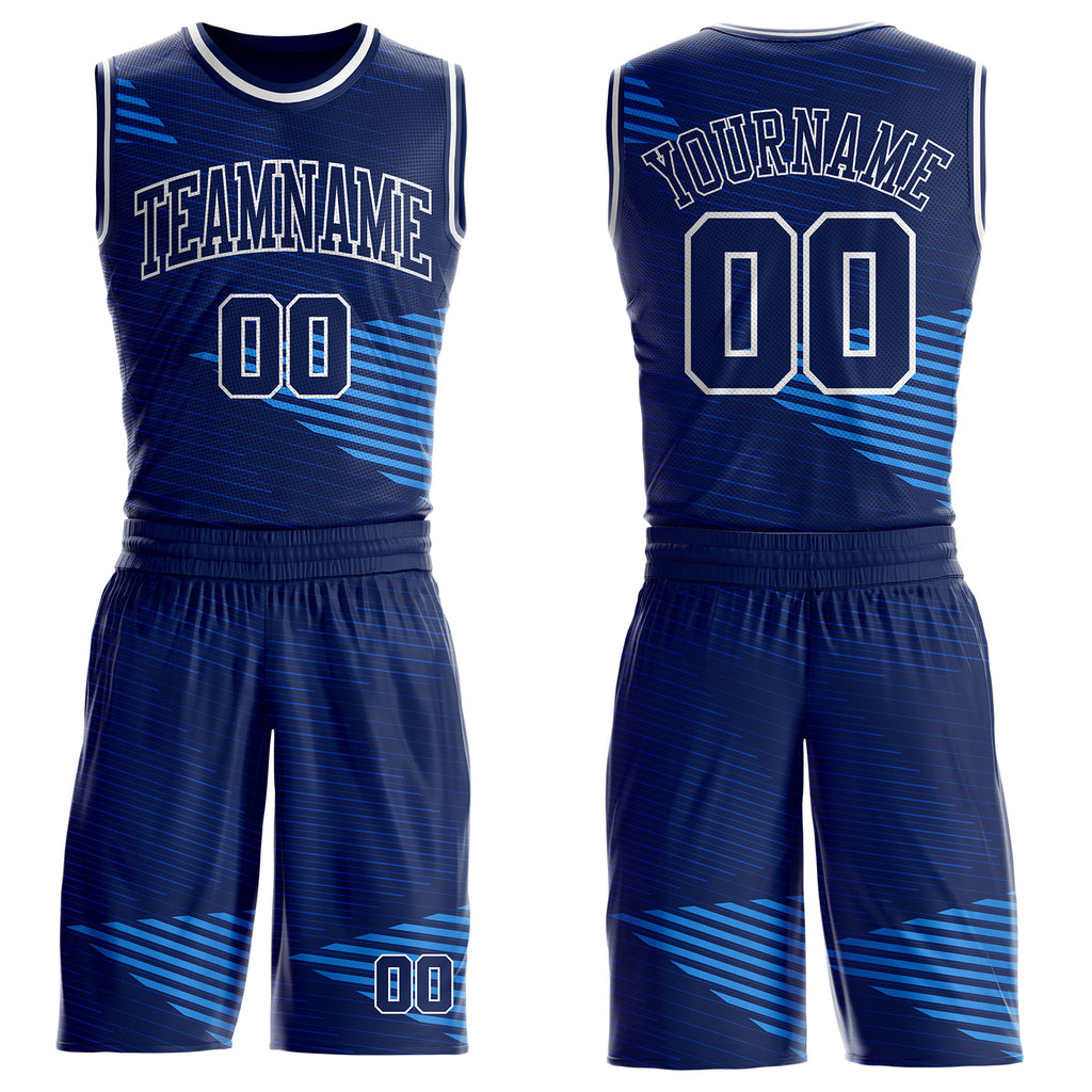 Custom Navy Blue-White Abstract Geometric Lines Round Neck Sublimation Basketball Uniform Jersey
