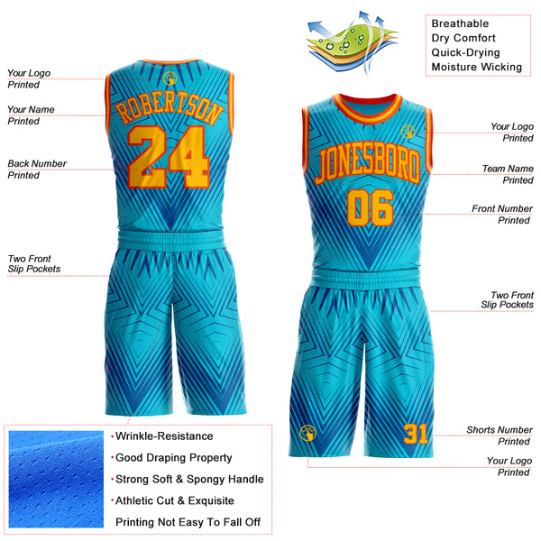 Custom Blue Gold-Orange Abstract Geometric Lines Round Neck Sublimation Basketball Uniform Jersey