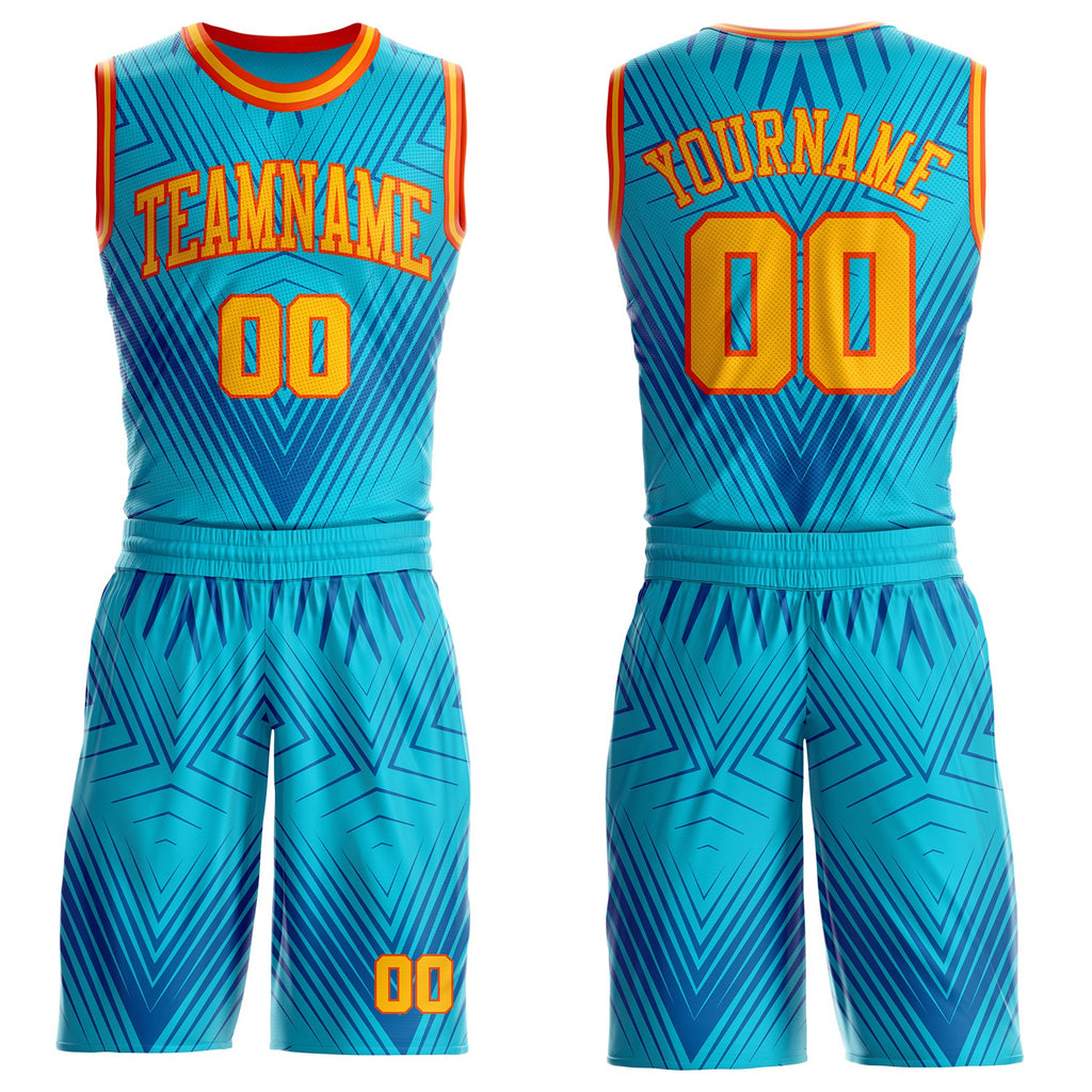 Custom Blue Gold-Orange Abstract Geometric Lines Round Neck Sublimation Basketball Uniform Jersey