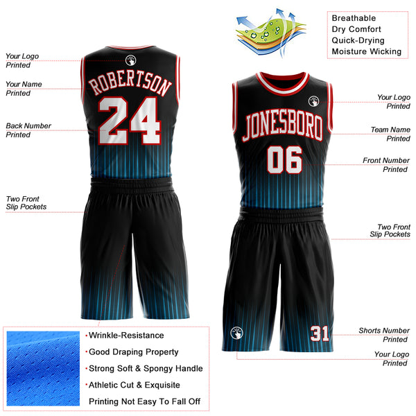 Custom Black White Blue-Red Gradient Vertical Stripes Round Neck Sublimation Basketball Uniform Jersey